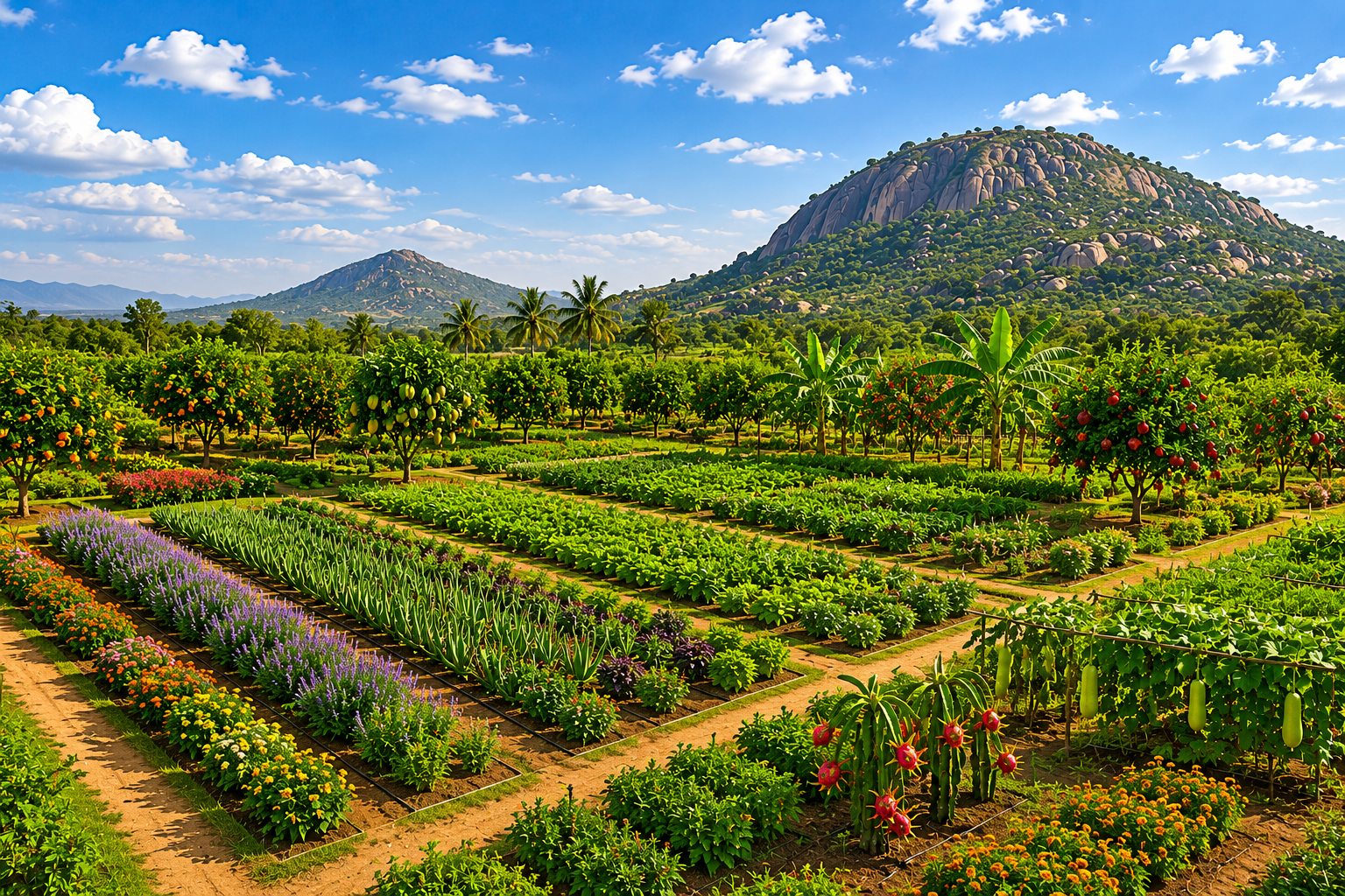 Orchard farmland with fruit varieties